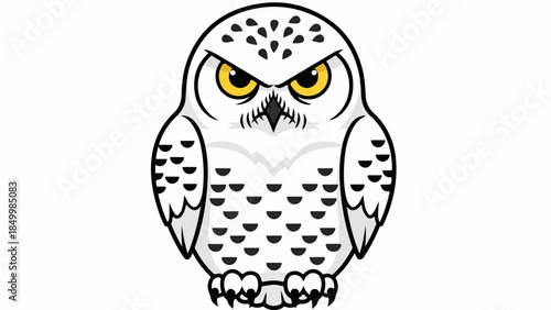 Front-facing owl illustration with white plumage and black markings on a light gray background