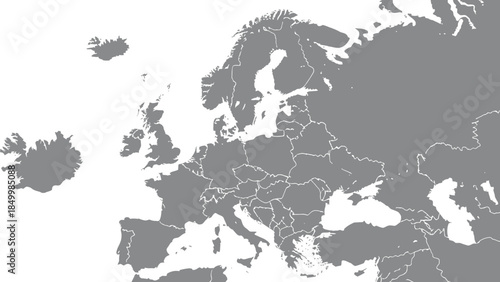 A clear, gray map displays the geographical boundaries of the continent of Europe, including surrounding islands and bodies of water, with internal country borders delineated.