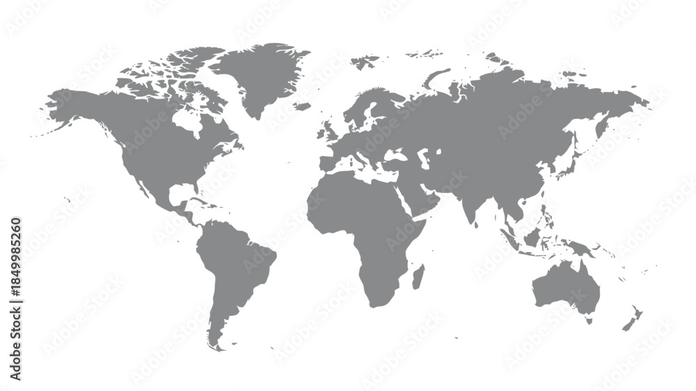 Fototapeta premium A simplified gray world map is displayed on a white background, showing the continents and major landmasses.