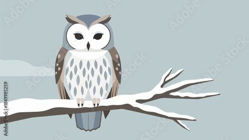 Solitary owl perched on a snow-dusted branch against a light blue winter sky
