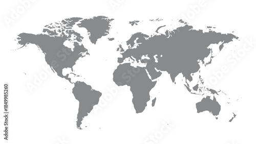 A simplified gray world map is displayed on a white background, showing the continents and major landmasses.