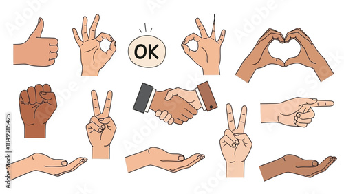 A collection of diverse human hands performing various gestures and actions, including thumbs up, okay signs, a handshake, and open palms, symbolizing communication, agreement, and support.