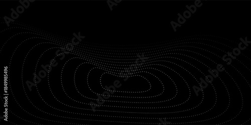 Futuristic circle wave. Vector dark cyberspace. Abstract music sound wave with dots. White moving particles on a black background.