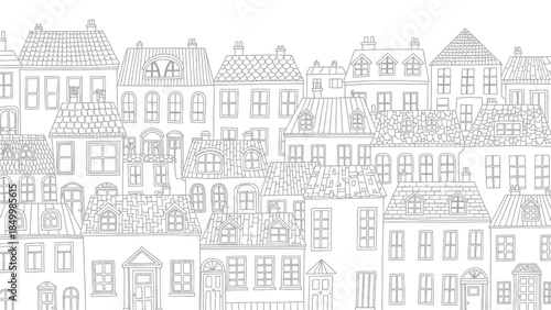 A detailed, monochrome illustration depicts a dense row of charming, old-fashioned European buildings with various rooflines and window designs, creating a picturesque urban streetscape.