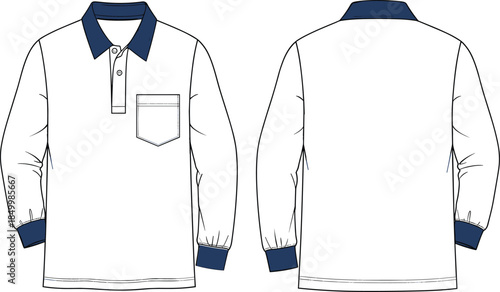 Technical Flat CAD Vector Drawing of a Long Sleeve Polo Shirt Template, Front and Back Views, with Contrast Collar, Chest Pocket, and Cuff Trim for Uniform or Casual Apparel Mockup, cad drawing flat 