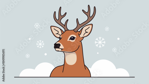Friendly deer with brown fur and antlers in a wintry landscape illustration