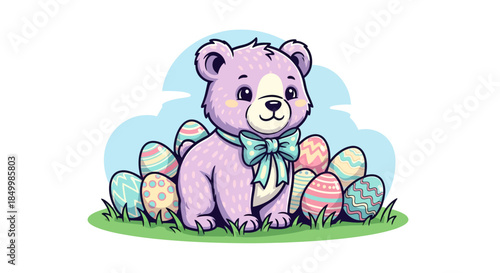 Adorable purple teddy bear with colorful Easter eggs