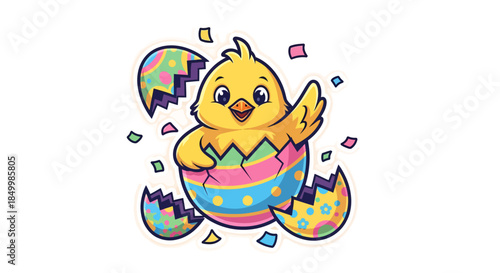 Cute Easter chick hatching from colorful egg with confetti