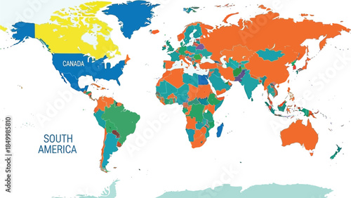 A colorful world map illustration displays different continents and countries in distinct colors, with labels for "CANADA" and "SOUTH AMERICA" visible.