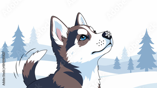 Siberian Husky in a snowy winter landscape with a snowflake on its nose