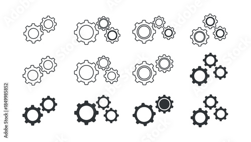 A grid of twelve different gear icons, displayed in various styles and fill levels, representing mechanical components and industrial concepts.