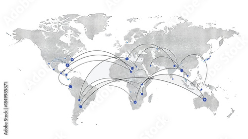 A world map displays interconnected lines and blue dots, illustrating global connections and networks across continents.
