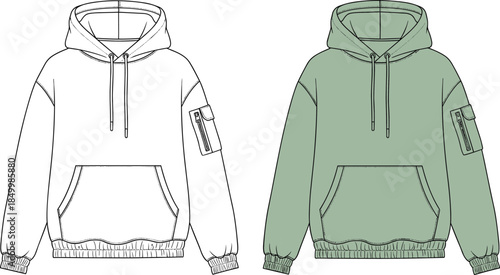 Technical Flat CAD Vector Drawing of an Oversized Pullover Utility Hoodie Template with Cargo Sleeve Pocket, Kangaroo Pouch, and Ribbed Hems for Streetwear Apparel Design Mockup, cad drawing flat 