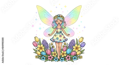 Whimsical fairy standing in colorful spring flowers and sparkling stars