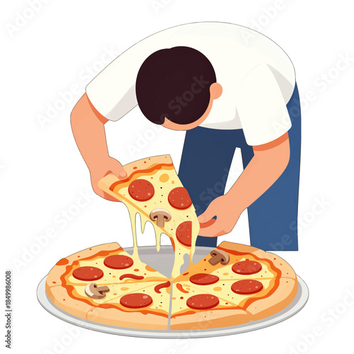 Man taking a slice of pepperoni mushroom pizza