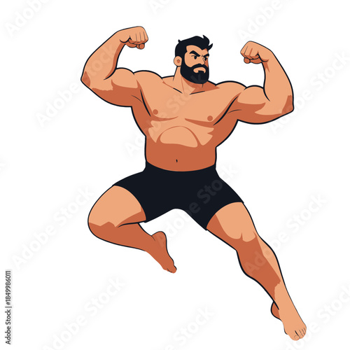 Muscular man flexing his arms and legs.