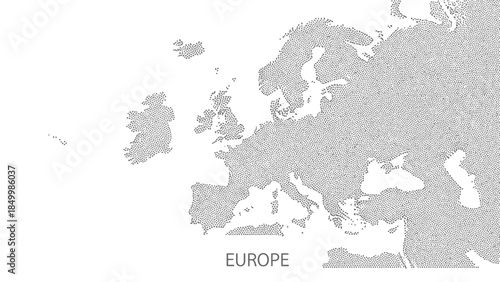 A textured map of Europe is displayed on a white background, highlighting the continent's geographical outline.
