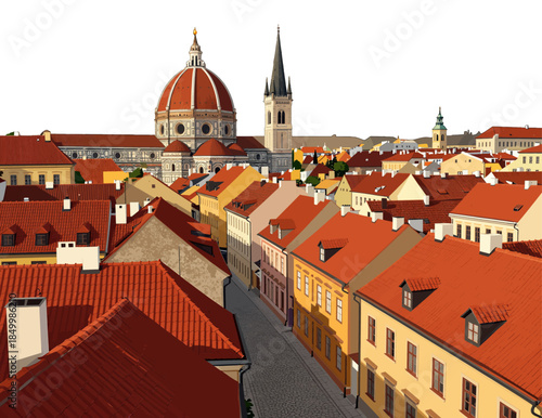 Historic European cityscape with domes and steeple isolated