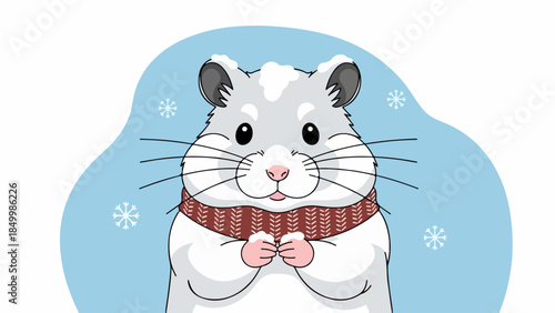 Detailed illustration of a hamster with a red scarf against a blue winter background
