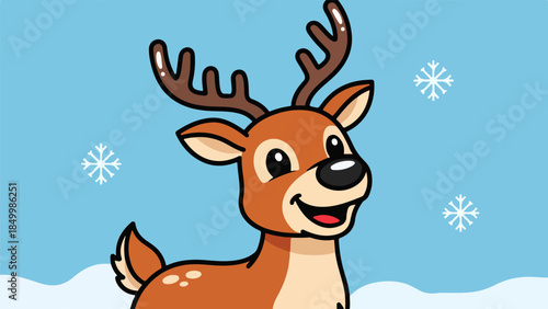 Hand-drawn illustration of a friendly reindeer with brown fur and antlers in a winter landscape