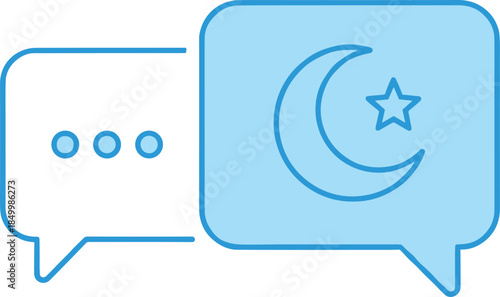 Modern technical icon showing a message interface with Islamic symbols to denote specialized cultural dialogue, faith-based support services, and religious information exchange tools.