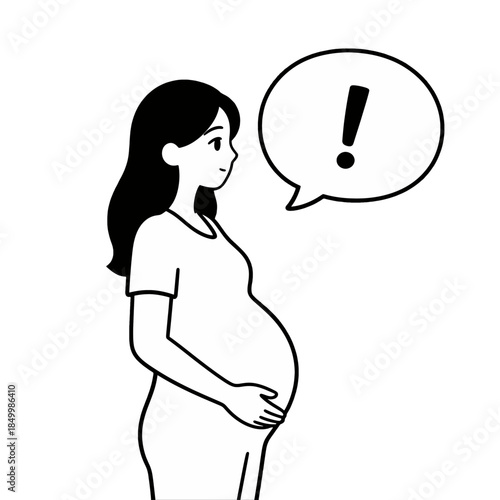 Pregnant woman with exclamation speech bubble.