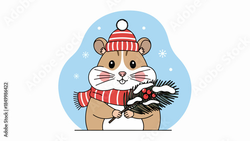 Playful cartoon hamster with red and white striped hat and scarf holding a black hairbrush against a blue winter sky with snowflakes