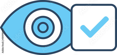 Modern outline icons showing a stylized eye combined with a confirmation mark to denote specialized retinal investigation, digital authorization, and successful ocular security findings.