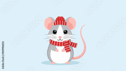 Whimsical mouse with red and white striped hat and scarf standing upright on hind legs
