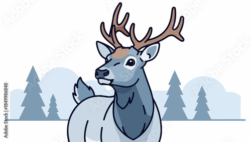Illustration of a deer standing in a snow-covered forest with coniferous trees and a light blue sky