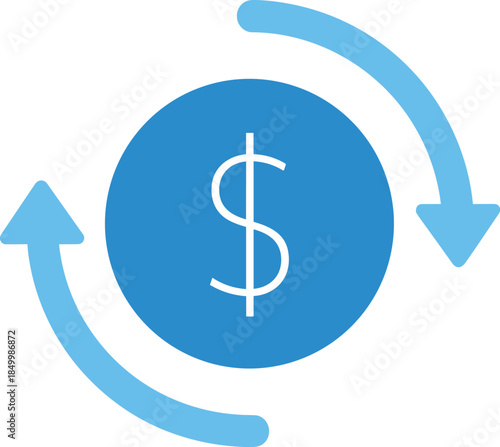 Modern outline icons showing a dollar symbol integrated with a repetitive cycle to denote specialized fiscal processing, currency conversion, and automated investment returns.