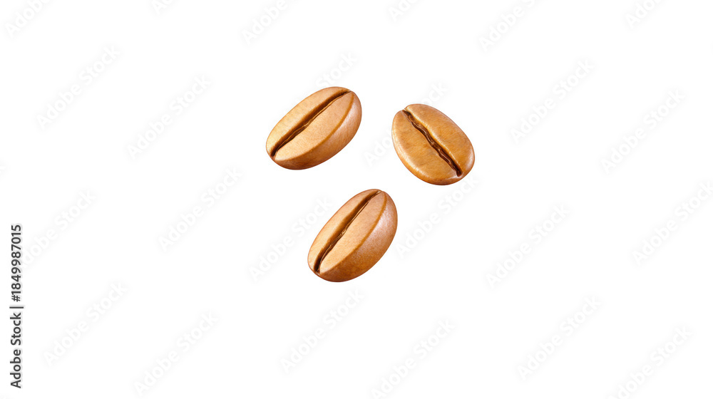 Obraz premium Three roasted coffee beans isolated on transparency background, showing detailed texture and rich brown color, perfect for coffee shop, cafe, or beverage concept, evoking freshness and energy