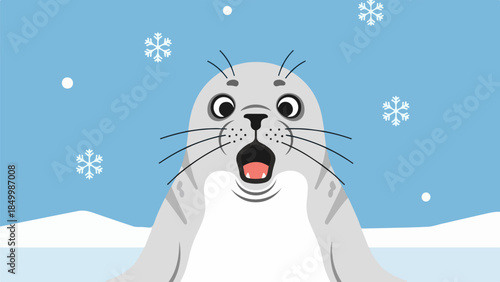 Playful cartoon seal with pink tongue and black eyes in a winter landscape with snowflakes