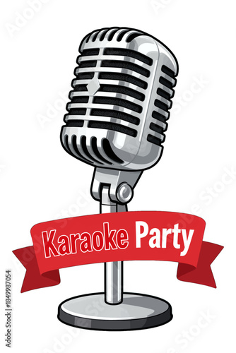 Retro microphone with red karaoke party banner.