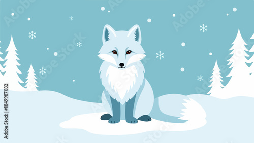 White fox sitting upright in a snowy winter landscape with evergreen trees and falling snowflakes