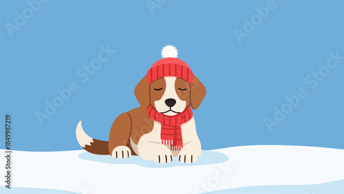 Playful brown and white puppy wearing a red knit hat and scarf sitting on snow