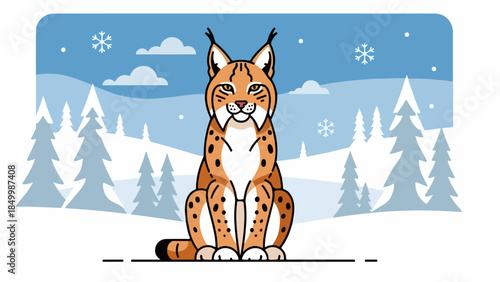 Illustration of a lynx in a winter landscape with snow-dusted trees and a blue sky