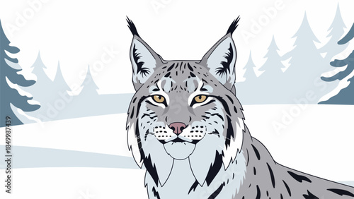 Illustration of a lynx standing in a snowy winter landscape with coniferous trees