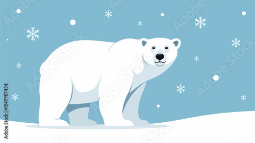 Cartoon polar bear illustration with blue gradient background and snowflakes