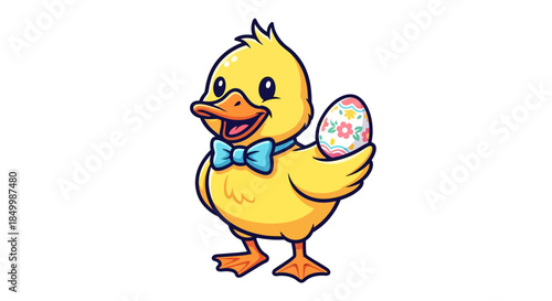 Adorable duckling holding colorful Easter egg with bowtie