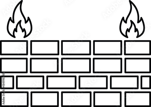 Modern outline icon featuring a masonry structure with fire symbols to denote specialized technical protection, data privacy barriers, and robust network hardware security.