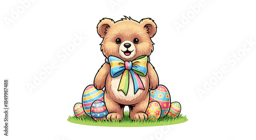 Cute teddy bear with colorful bow sitting on grass with Easter eggs