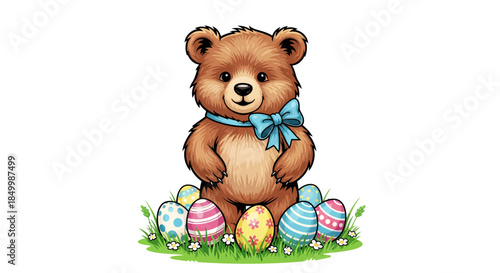 Cute brown bear with blue bow tie surrounded by colorful Easter eggs
