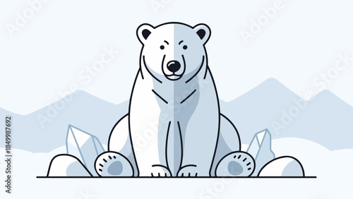 Minimalist illustration of a polar bear with half white and half light blue body in a snowy landscape