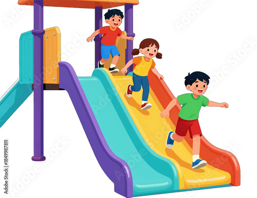 Three children playing on colorful slides