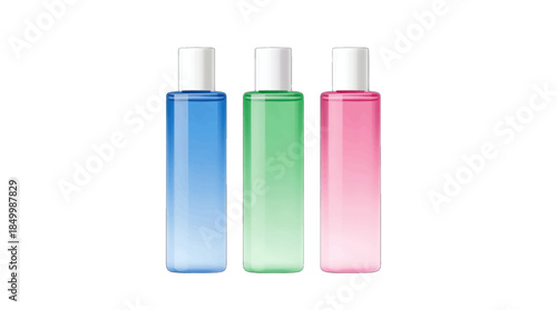 Three colored plastic bottles with white caps