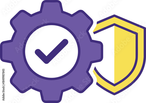 Simple professional symbol showing a verified gear integrated with a protective shield to denote specialized software maintenance, data safety, and efficient operation management.