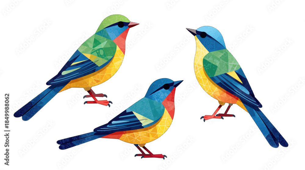 Obraz premium Three colorful geometric birds with vibrant patterns