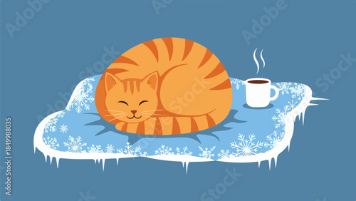 Orange tabby cat sleeping on a light blue cloud with white snowflakes and a white ceramic mug of coffee or tea