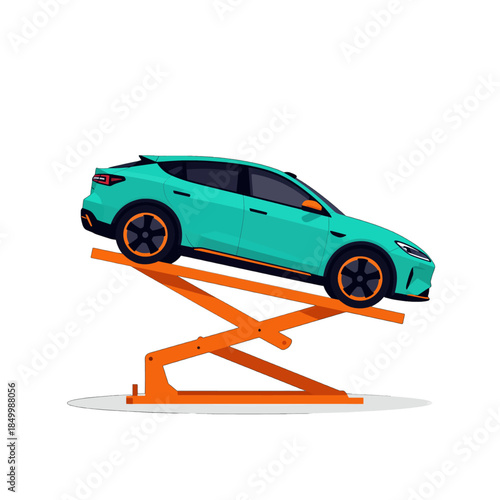 Turquoise SUV elevated on orange hydraulic lift.